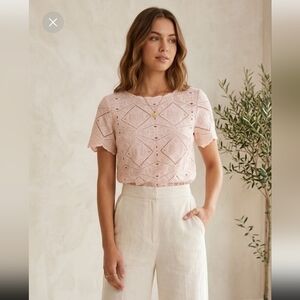 VTG J Crew 100% cotton Geometric eyelet short sleeve Boho Chic Top  Blush Pink S